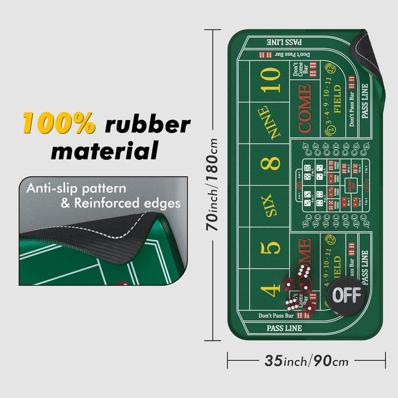 iEsstros Craps Table Top Set Craps Mat 70" x 35" Craps Table Mat Craps Table Top Mat with 5 Craps Casino Craps ON/Off Poker Button Storage Bag Craps Game Layout-Green - Image 3